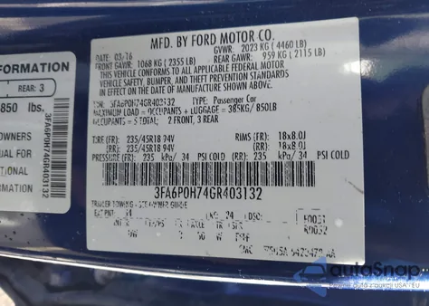2016 Ford Fusion Se from USA, damaged, VIN 3FA6P0H74GR403132